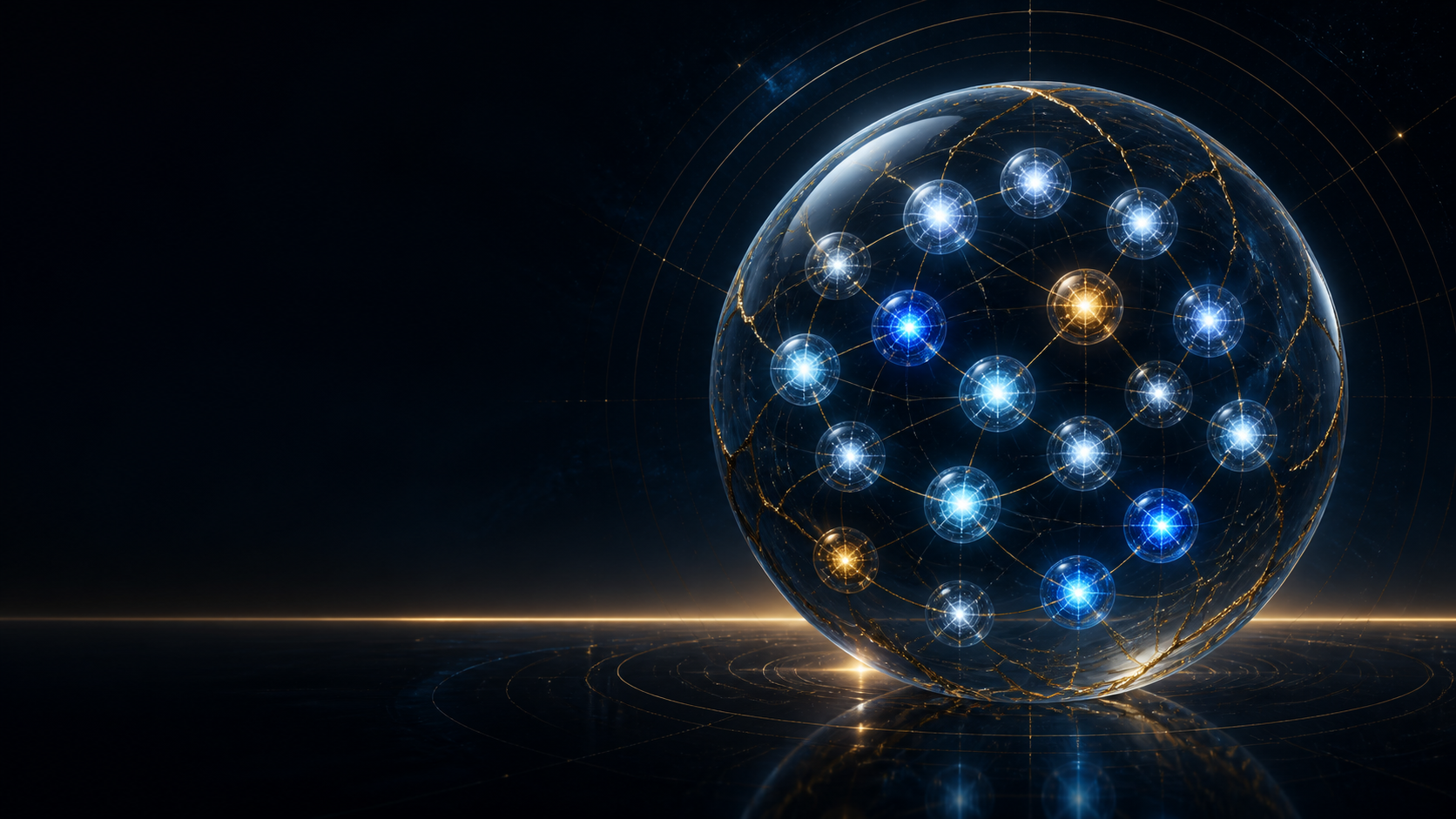 Esfera de vidro azul e dourada representando a conexão entre modelos e modos de trabalho