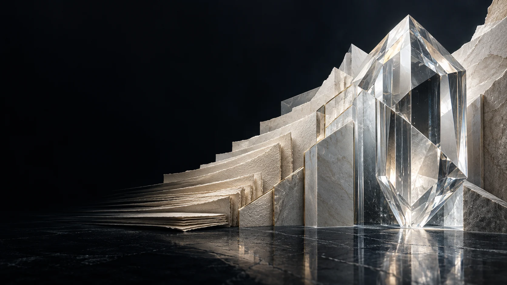 Lâminas de um acervo convergem para uma arquitetura cristalina iluminada por ouro, sobre um fundo profundo.