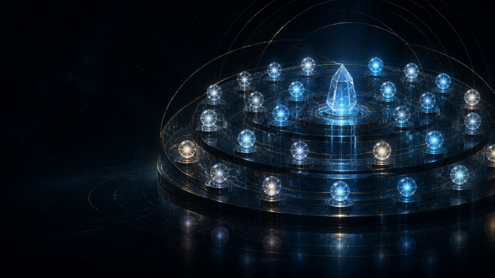 Observatório de vidro com pontos luminosos representando diferentes rotas de inteligência