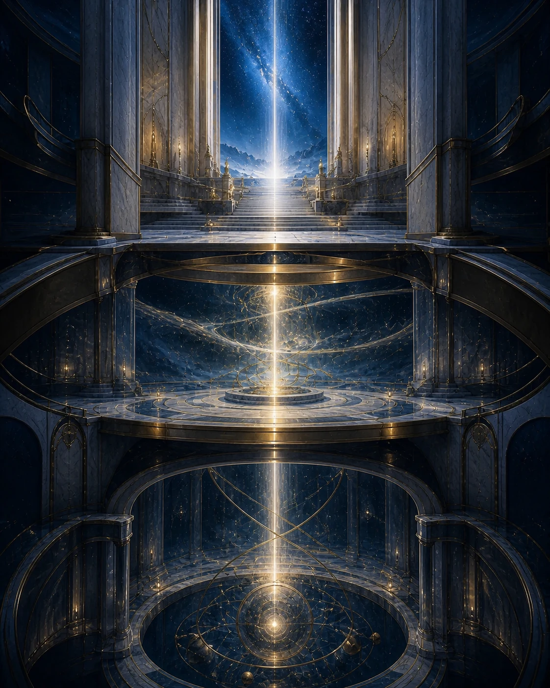 Estrutura vertical de quatro câmaras conectadas por um único eixo de luz.