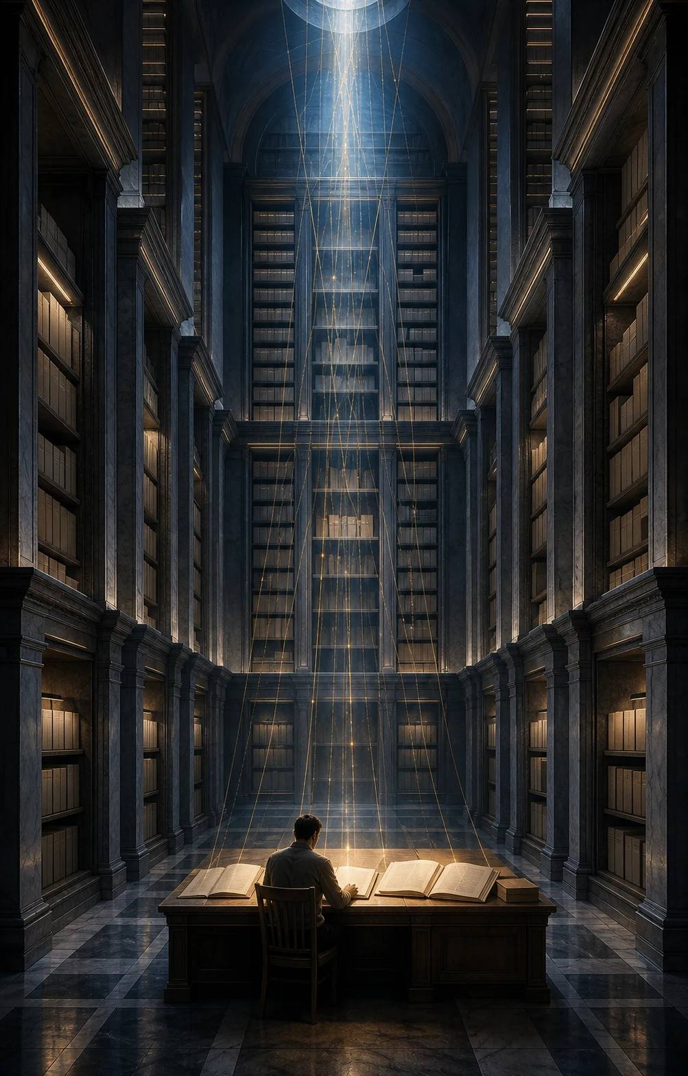 Biblioteca vertical onde uma pessoa revisa documentos iluminados em uma mesa.