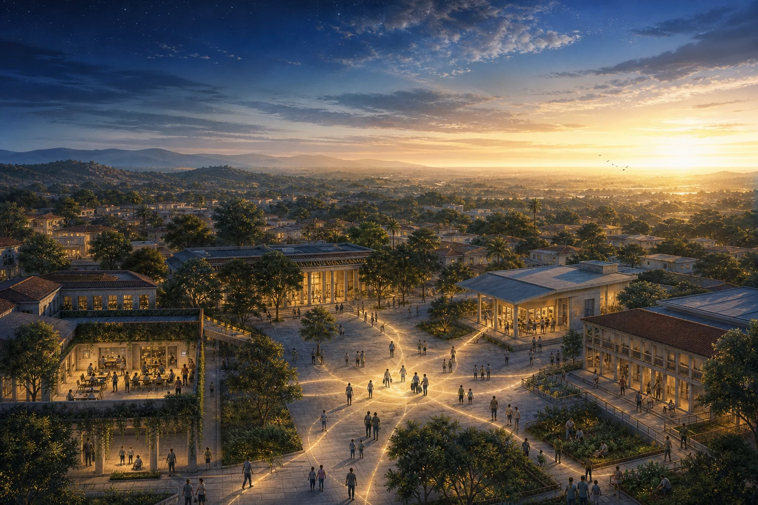 Paisagem cívica ao amanhecer conectando espaços de serviço e pessoas a uma praça central.