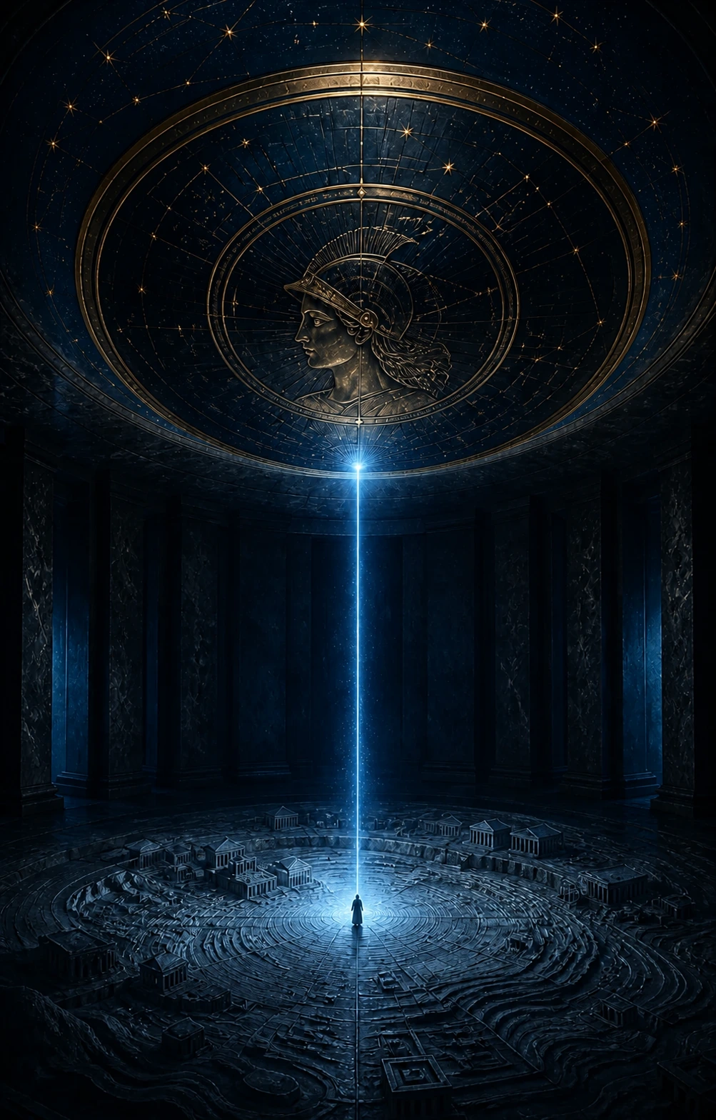 Figura de Atena sob uma luz azul celestial diante do limiar da cidade