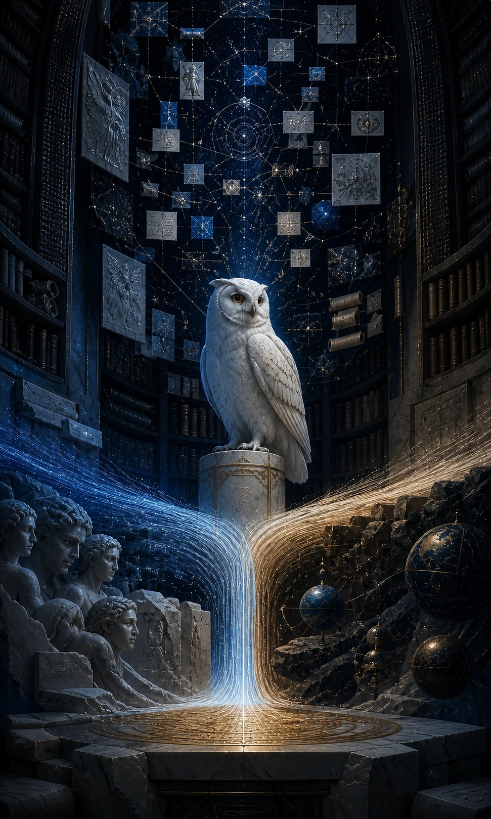 Coruja de Atena guarda um arquivo de conhecimento iluminado em azul celestial